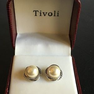 Silvertone Rope Framed Pearl Stud Earrings
